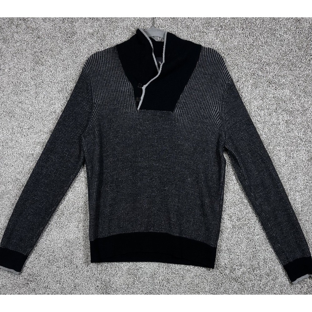 Armani Exchange A|X Knit Pullover Sweater Shawl Button Collar Black Gray Men M